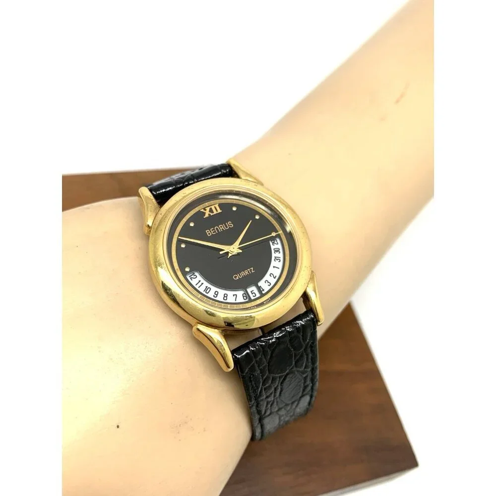 Benrus Women's Watch Quartz Vintage Black Dial Date Gold Leather Band 32mm